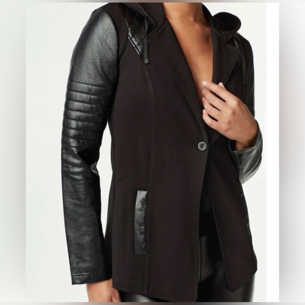 Blanc Noir Black Blazer with Hood & Leather Sleeves